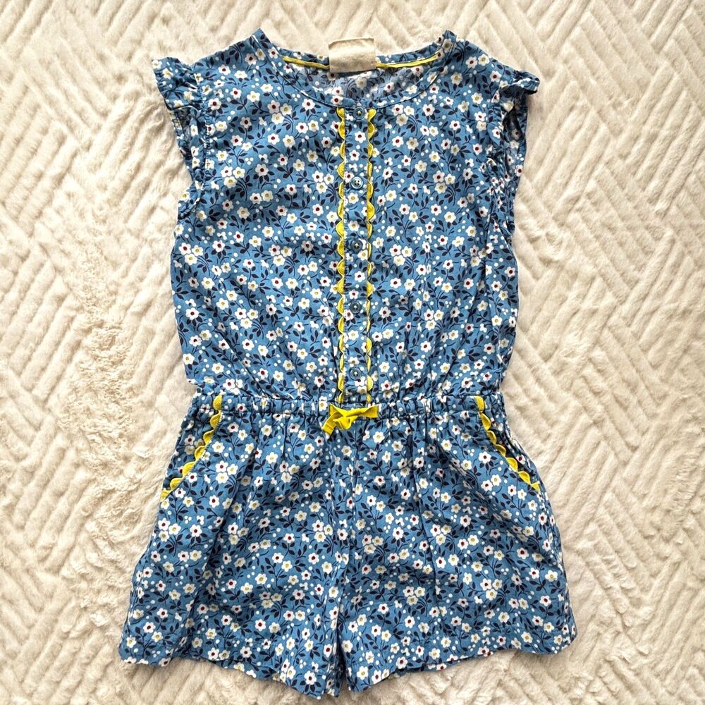 Mini Boden Girls 4-5Y Blue Floral Romper Shorts Scallop Trim Pockets